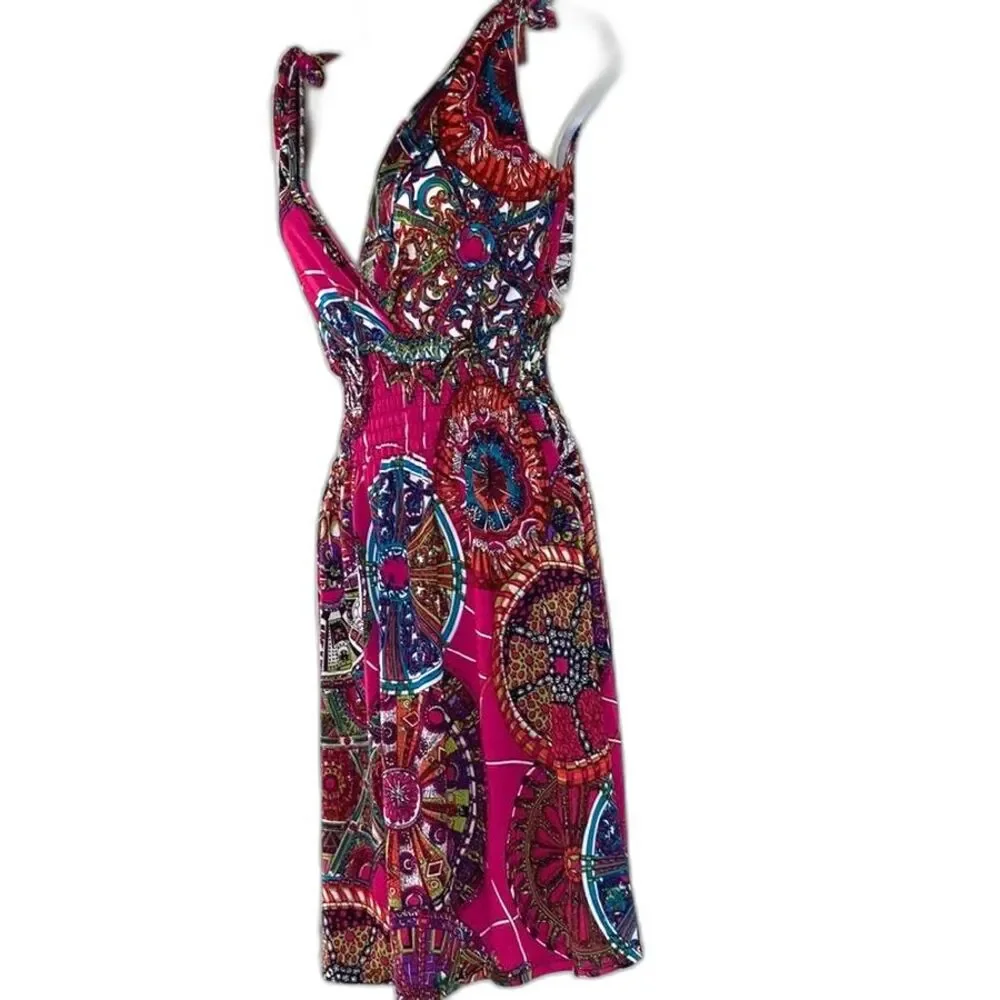 Floral Crossover Top Plunge Smock Waist Mini Dress Womens Small